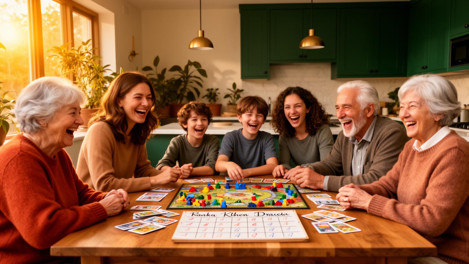 Family laughing around a scoreboard during Game of Palooza